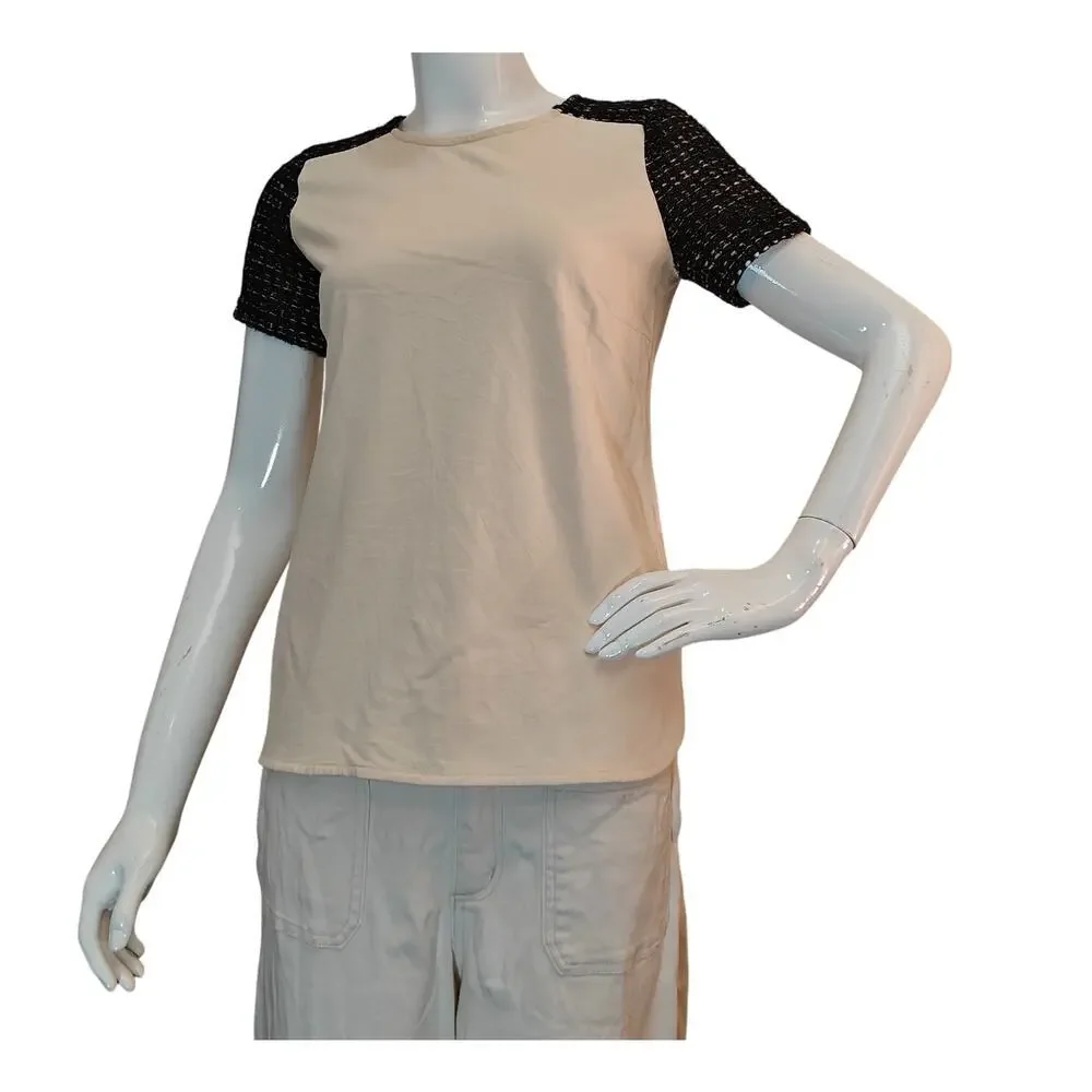 J.Crew Cream Top Black Tweed Short Sleeves Back Zip Blouse XS